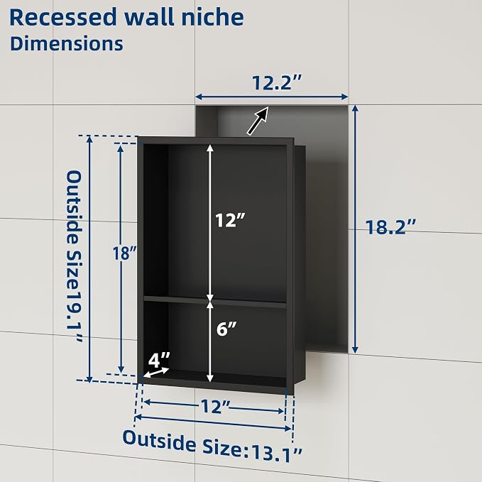 Neodrain 12X18 Inch Matte Black Double Shelf Stainless Steel Shower Niche - Image 3