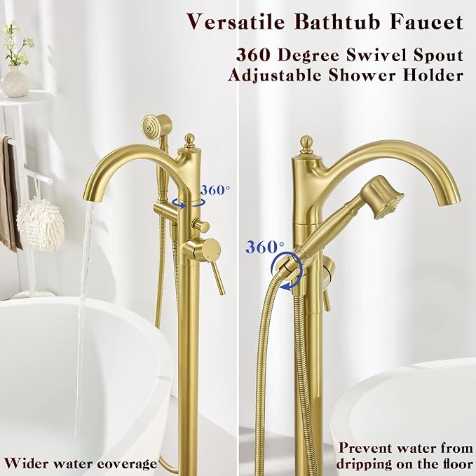 Free Standing Tub Faucet, High Flow Rate Brushed Light Gold Classic - Image 5