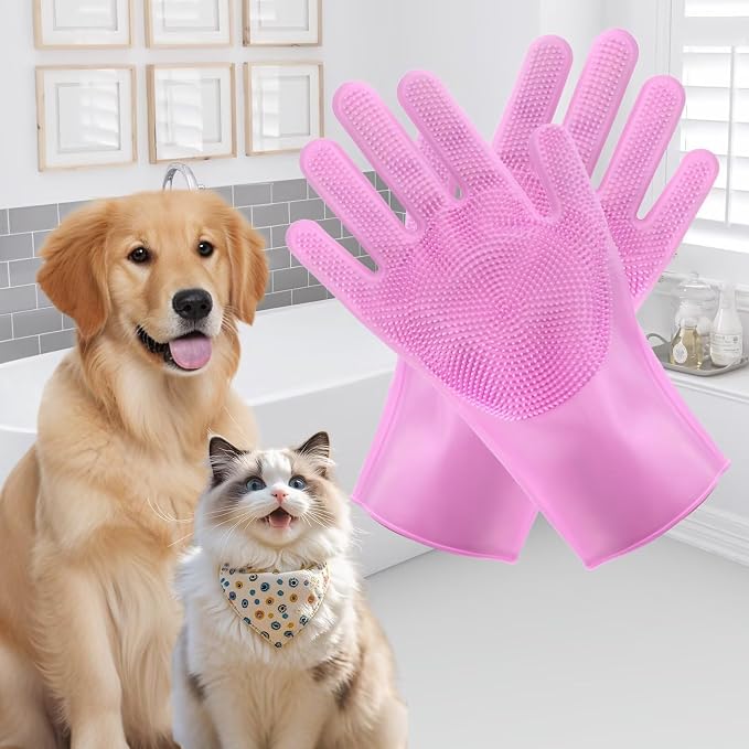 Pet Grooming Gloves and Brush Set, Dog and Cat Bath Scrubber Silicone Gloves by BCCLBL