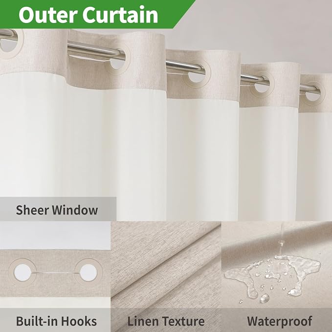 Extra Long No Hooks Needed Linen Textured Shower Curtain - Image 3