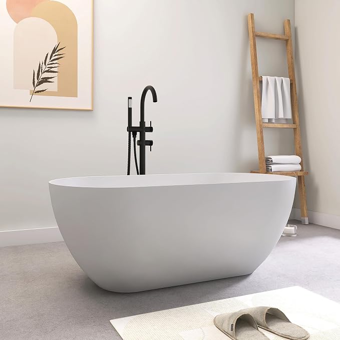 SJ STAR&JANE 51" Solid Surface Freestanding Bathtub, Matte White Oval Soaking - Image 9