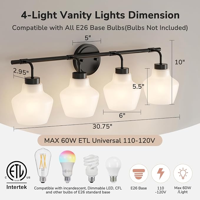USHOWER 4-Light Bathroom Light Fixtures, Vanity Lights - Image 2