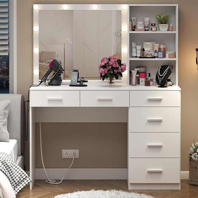 Loomie Vanity Desk with Lighted Mirror & Power Outlet, Makeup Vanity Table with by LOOMIEDirect