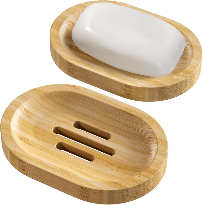 AmazerBath Bamboo Soap Holder, Bamboo Soap Dish, 2 Pack Soap Dishes by AmazerBath