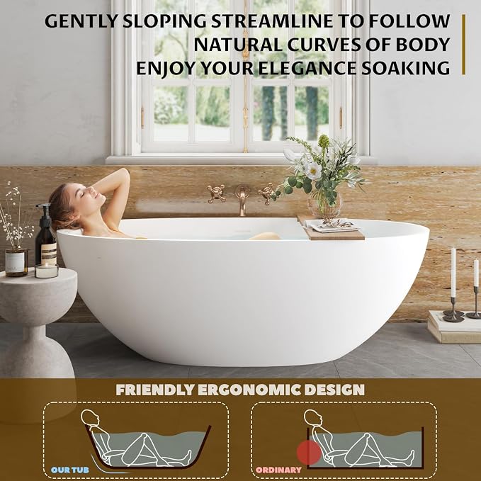 65 in Solid Surface Freestanding Bathtub, Contemporary Oval Shape Soaking Tub - Image 5