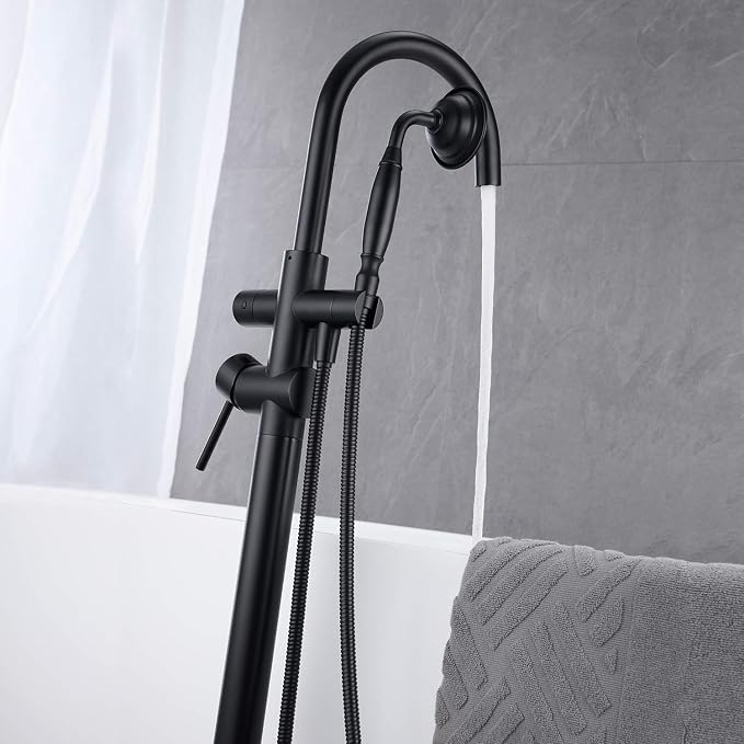 Tub Filler Freestanding Bathtub Faucet Black Floor Mounted Brass Bathroom Tub - Image 5