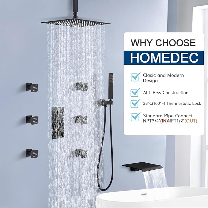 HOMEDEC Solid Brass 4 Ways Shower Diverter Valve, Thermostatic 3 Handles - Image 2