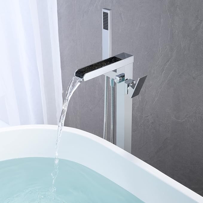 Freestanding Tub Filler Waterfall Bathtub Faucet Chrome Floor Mount Brass - Image 5