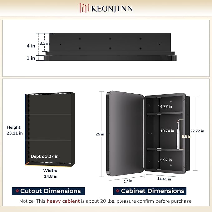 Keonjinn Black Medicine Cabinet 17 x 25 Inch, Heavy & Solid Bathroom Medicine - Image 2