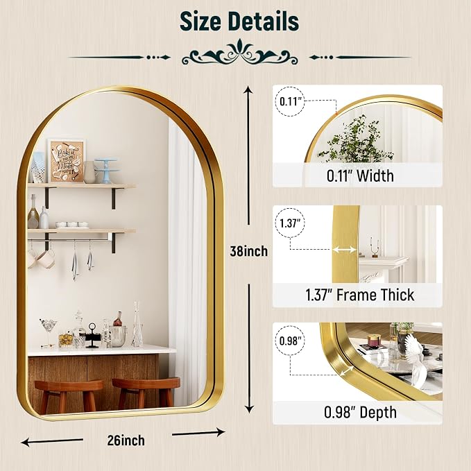 GLSLAND 26”x38“ Gold Arched Bathroom Mirror - Image 5