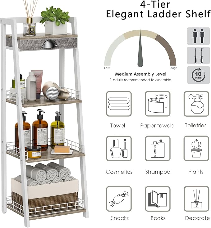 keomaisyto 4-Tier Elegant Ladder Shelf, Bathroom Storage Shelf, Ladder Bookshelf - Image 7