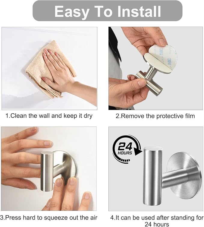 Vuzvuv Adhesive Brushed Nickel SUS304 Stainless Steel Towel Hooks – Heavy Duty - Image 5
