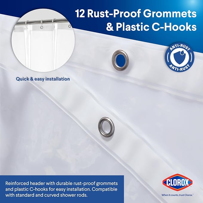 Clorox Shower Curtain Liner & Hooks, Premium Lightweight Flexible Waterproof 4g - Image 7