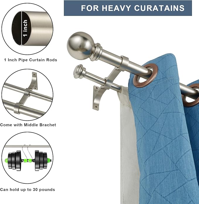 Double Curtain Rod 84 to 120 inch, Adjustable 1 inch Double Drapery Rod Rods - Image 2
