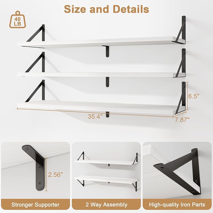 Fun Memories Floating Shelves for Wall, 36 Inches Long Set of 3 Wall Shelves - Image 3