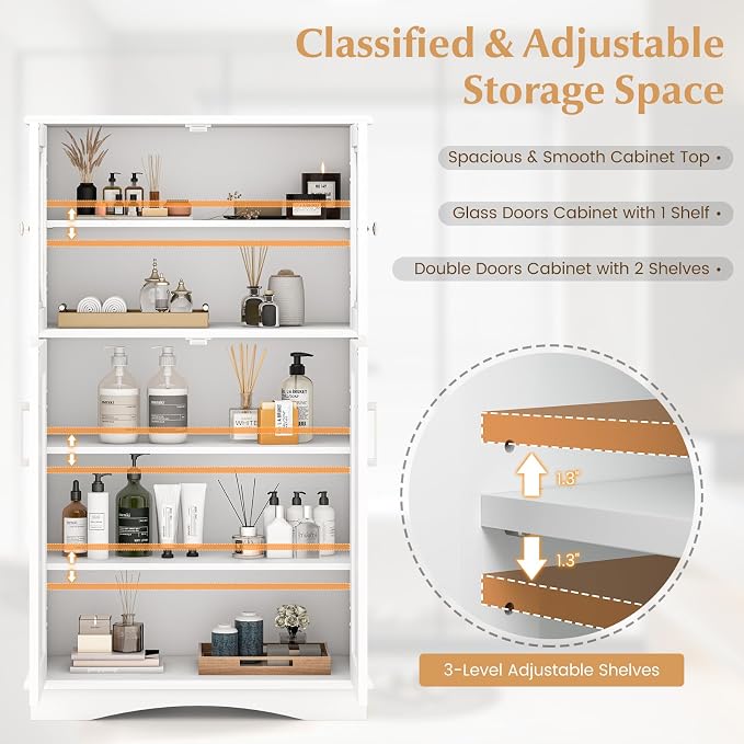 Tangkula Freestanding Floor Cabinet w/2 Glass Doors, 3-Level Adjustable Shelves - Image 5
