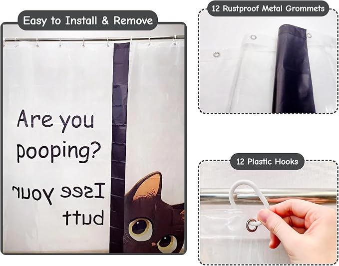 Clear Cute Funny Black Cat Shower Curtain Liner, Are You Pooping Shower Curtain - Image 4
