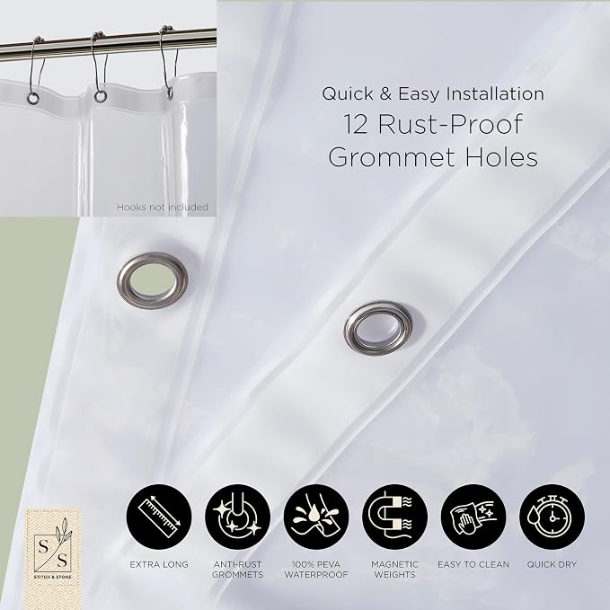 Stitch & Stone Shower Curtain Liner, Premium Medium Weight Durable Waterproof - Image 6