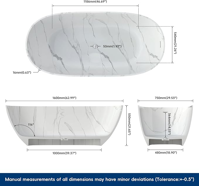 63 '' Stone Resin Freestanding Bathtub, Elegant Oval Shape Soaking Tub - Image 2