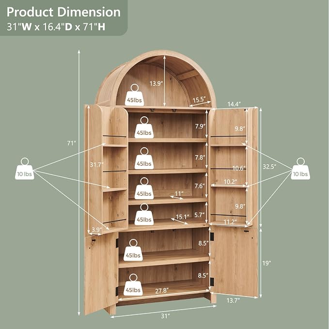 71" Tall Arched Kitchen Pantry, Modern Fluted Wood Storage Cabinet - Image 2