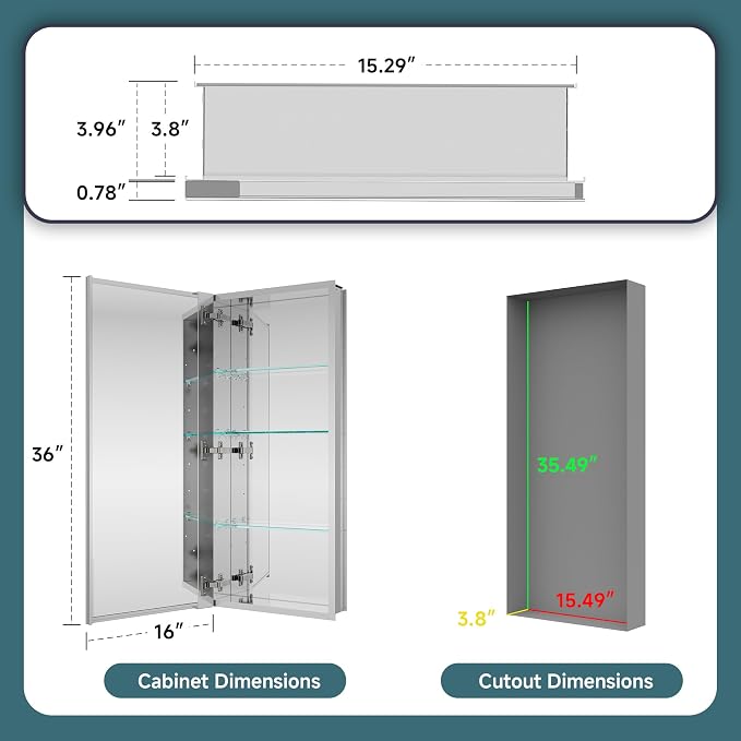 16"x36" Bathroom Mirror Medicine Cabinet, Aluminum Silver Medicine Cabinet - Image 2