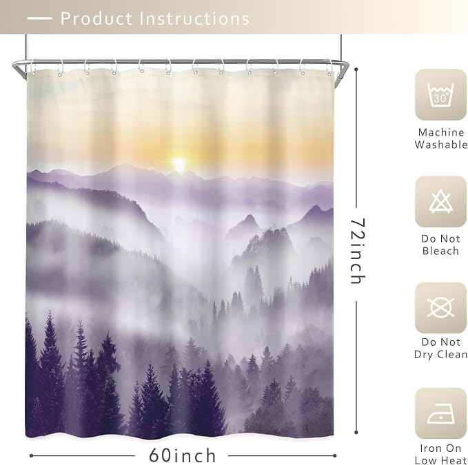 Riyidecor Misty Mountain Shower Curtain 60Wx72H Inch Purple Sunrise Nature - Image 5