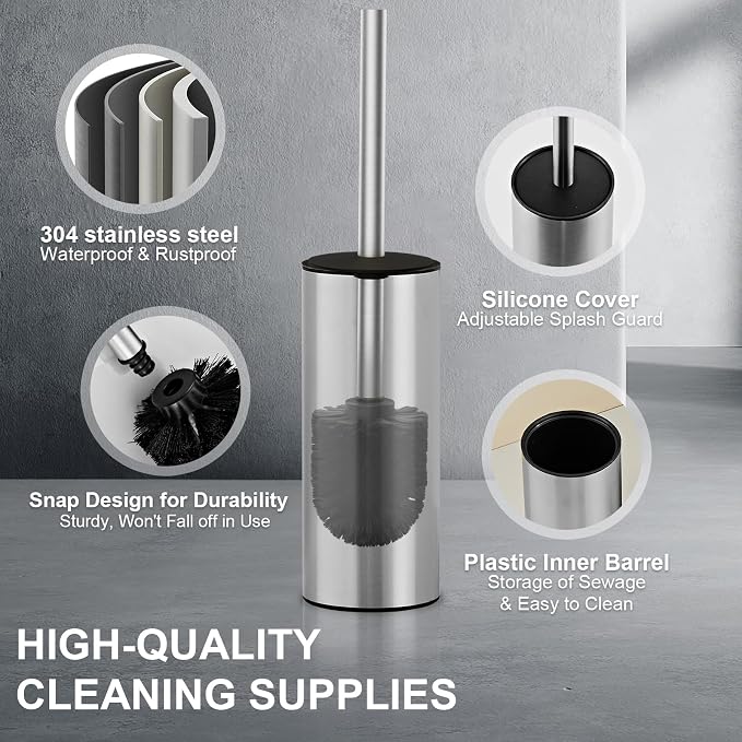 304 Stainless Steel Toilet Brush and Brush Holder Set, Circular Floor Toilet - Image 6