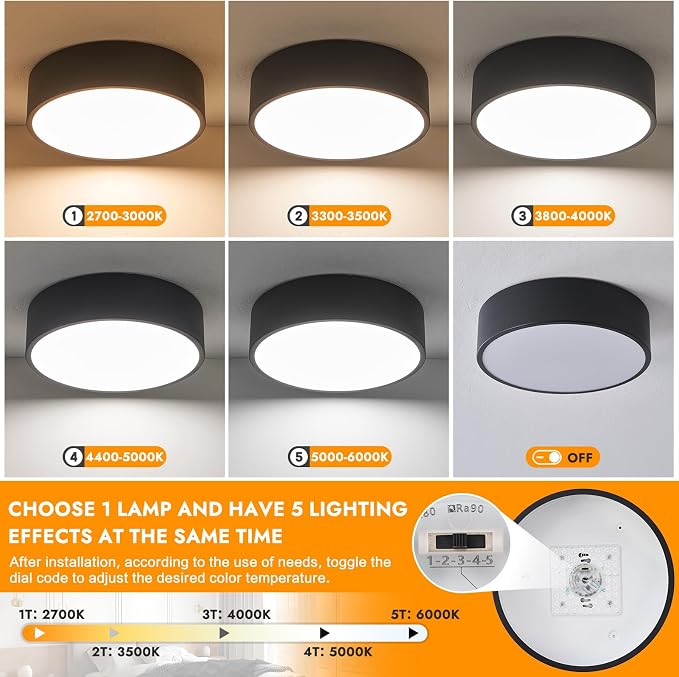 Dimmable Modern Flush Mount Ceiling Light Fixture, Matte Black Round LED Lights - Image 4