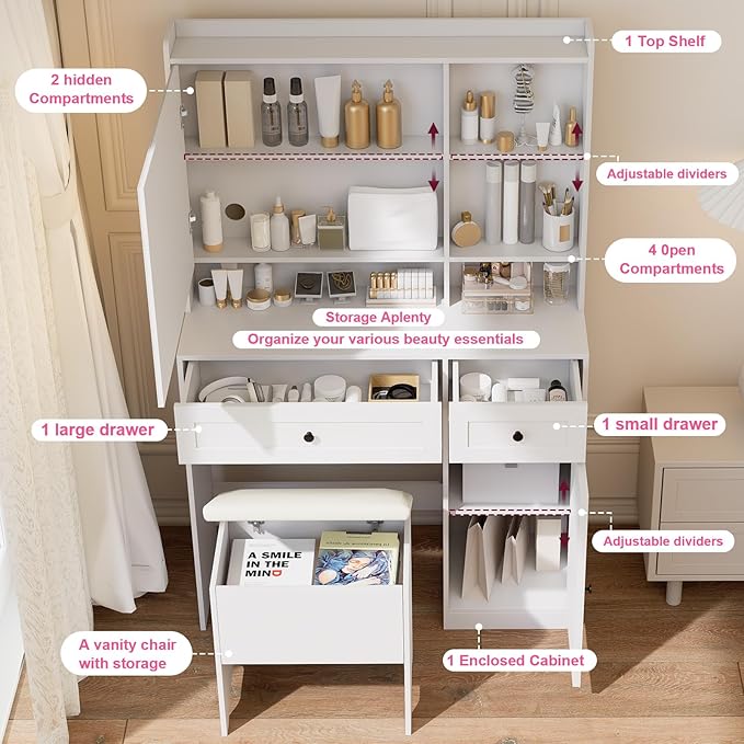 Vanity Table with Hidden Storage & LED Mirror - Image 3
