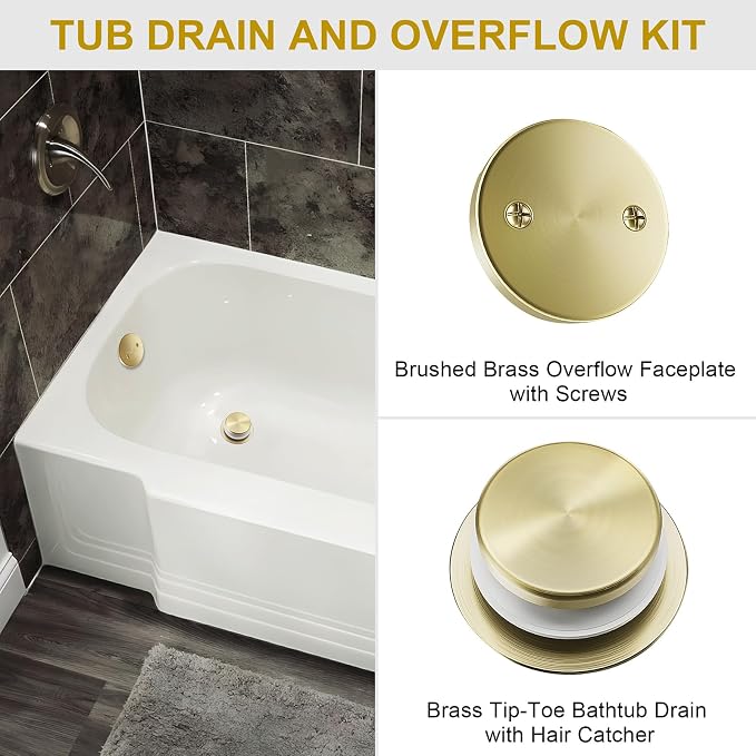 Brushed Brass Bathtub Drain Stopper and Overflow Kit, Solid Brass Tip-Toe Bath - Image 3