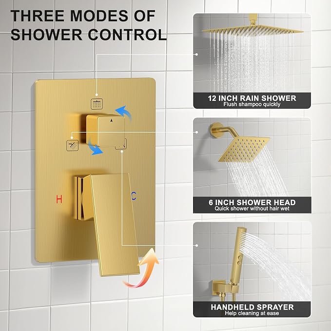 Shower Faucet Set, Ceiling Mount Rainfall Shower Head System 12" + 6" Dual Rain - Image 7