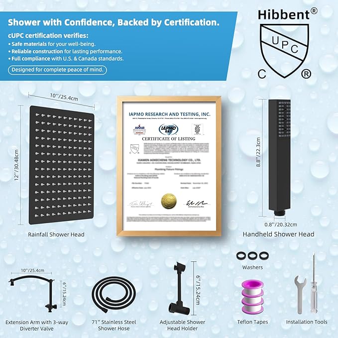 Hibbent All Metal CUPC Certified 12'' Rainfall Shower Head, Dual Shower Head - Image 4
