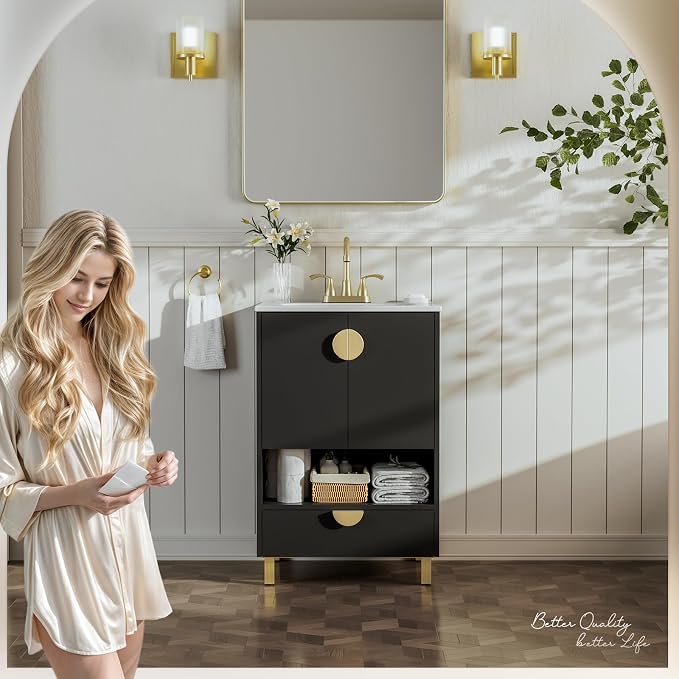 phiestina Fully Assembled Black 24 Inch Solid Wood Bathroom Vanity - Image 2