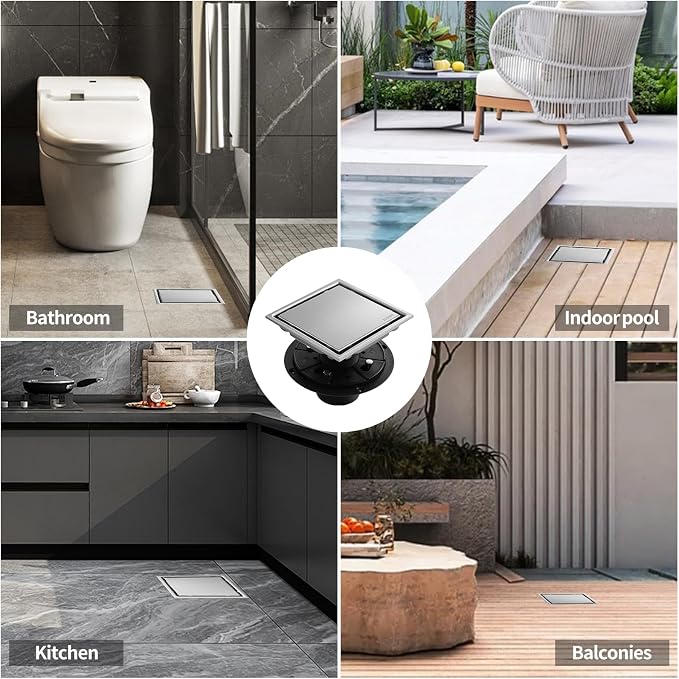 Hidden Brushed Square Shower Floor Drain, 304 Stainless Steel, - Image 7