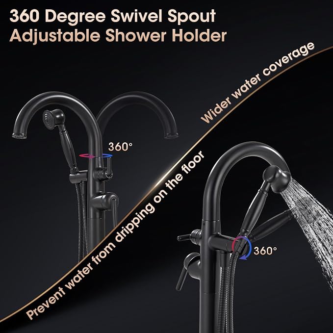 Freestanding Bathtub Faucet Matte Black Floor Mount Tub Faucets High Flow Max - Image 4