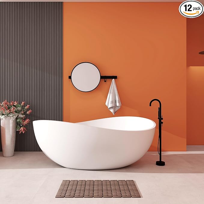 Premium Upgraded 63" Solid Surface Freestanding Bathtub, Unique Oval Stone by HIGEINE