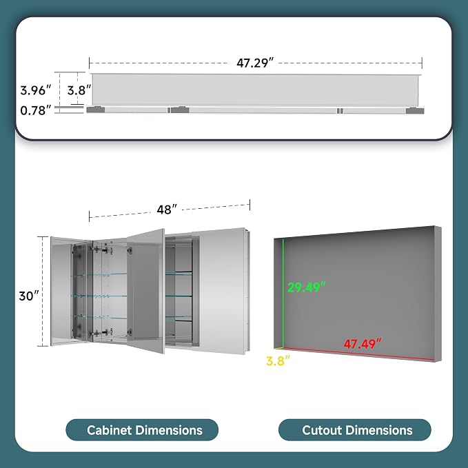 48"x30" Medicine Cabinet Mirror, Aluminum Silver Recessed Medicine Cabinet - Image 2