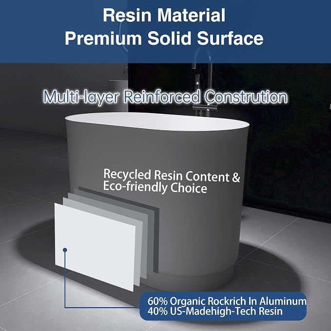 39" Japanese Soaking Bathtub, Freestanding Solid Surface Resin Stone Bathtub - Image 5