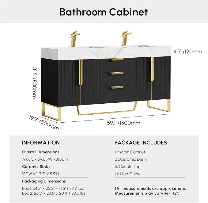 homary 59" Freestanding Bathroom Vanity Set, Floor-Mounted Double Sink Bathroom - Image 2