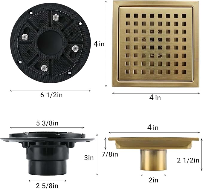 4 Inch Square Shower Floor Drain, Stainless Steel Black Shower Drain Kit - Image 6