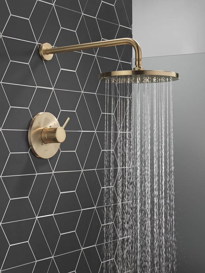 Delta Modern 14 Series Round Rain Shower Faucet Set, Brushed Gold Shower Head - Image 2