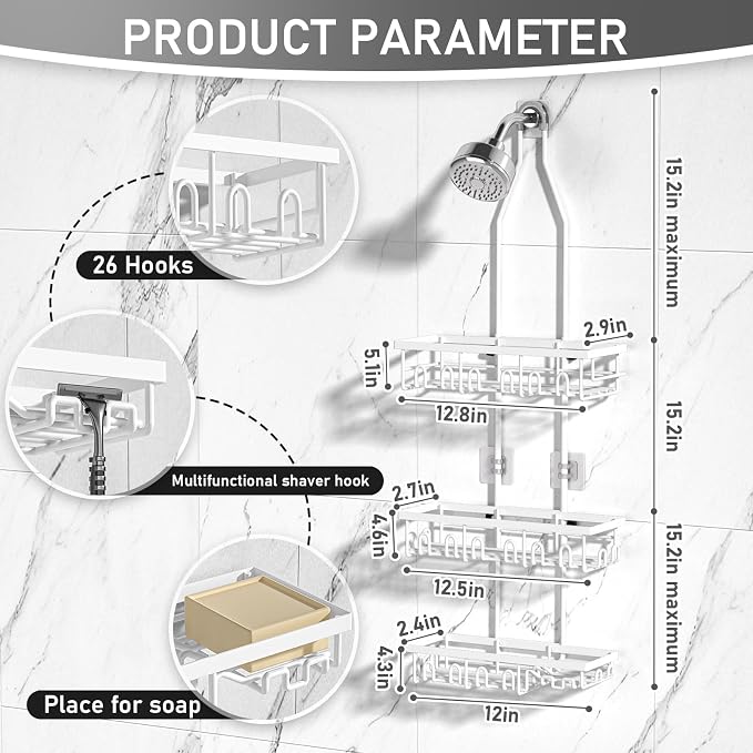 Shower Caddy, Rustproof Shower Shelves Over Shower Head, Extended Length shower - Image 6