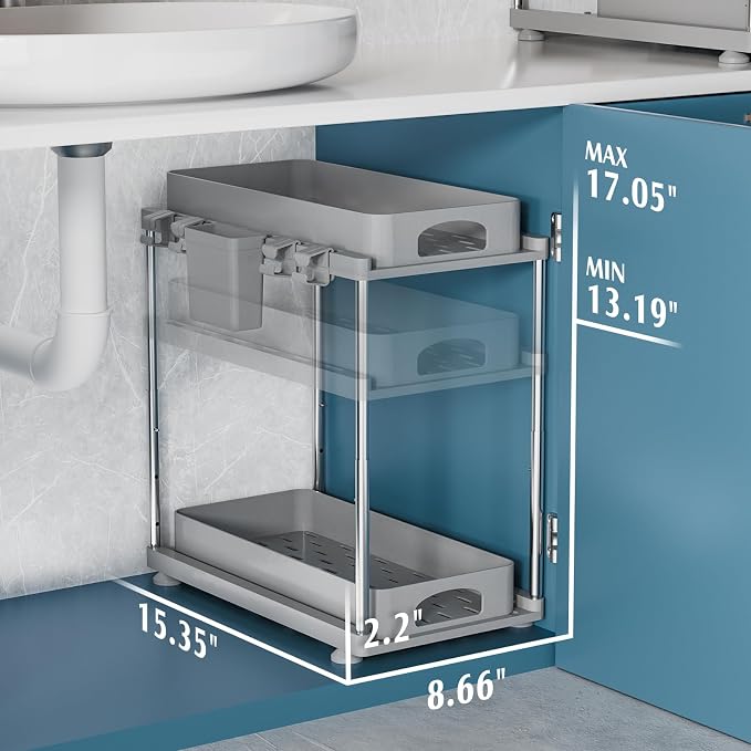 VERIFOST 2 Pack Adjustable Gray Under Sink Organizers, 2 Tier Pull Out Storage - Image 6