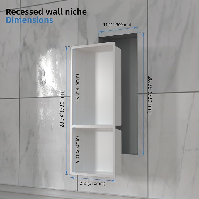 Shower Niche No Tile Needed, 12.2"x28.7"x3.8", Vertical Double Recessed Wall - Image 2