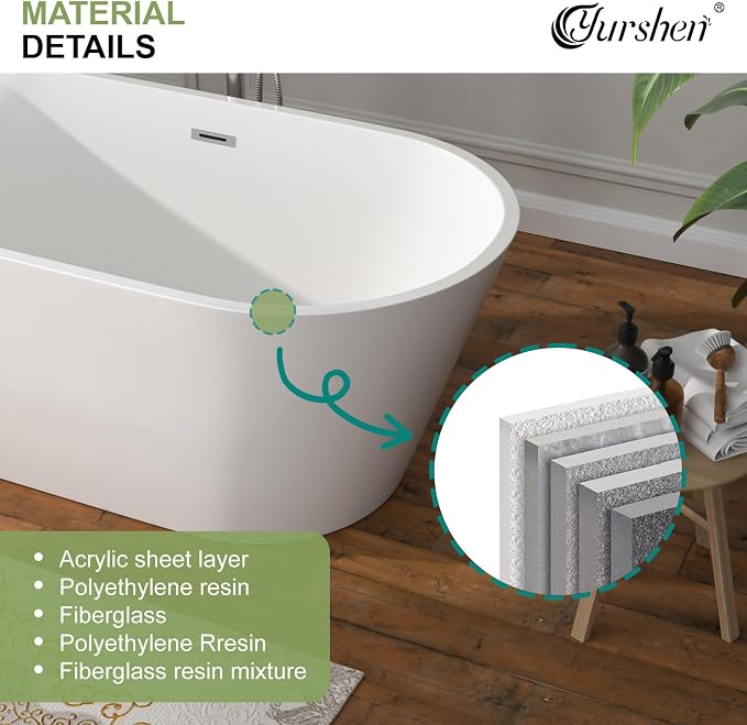 59 Inch Freestanding Acrylic Bathtub White Roll Top Soaking Tub - Image 7