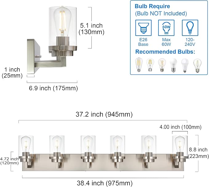 MELUCEE 6-Light Bathroom Lights Over Mirror in Brushed Nickel, Modern - Image 6