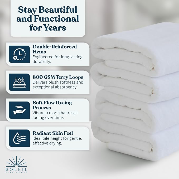 Soleil Fine Goods Luxurious 800 GSM 100% Cotton Bath Towel Set - Image 3