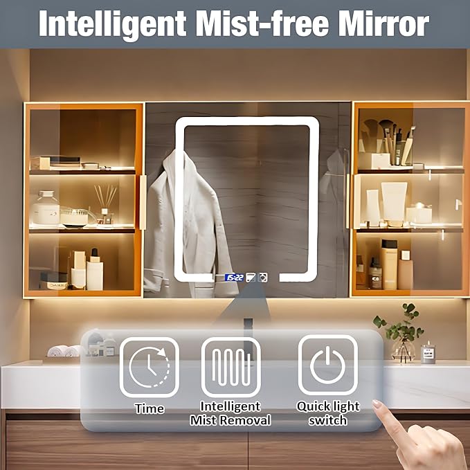 Single Sink Bathroom Vanity, Bathroom Cabinet has LED Lights Fog Mirror & Solid - Image 3