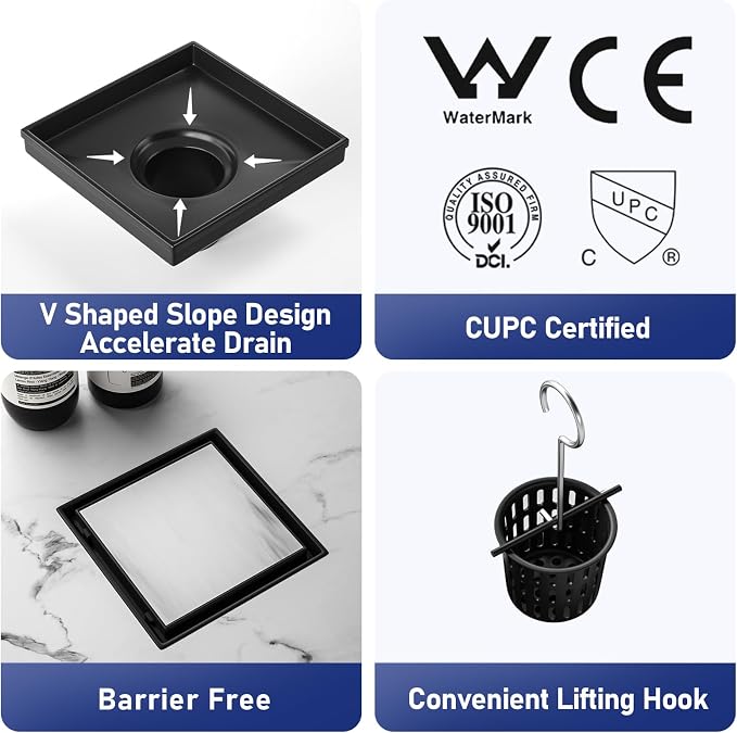Square Shower Drain 6", Matte Black Floor Drain - Image 2