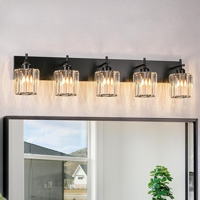 Black Crystal Bathroom Vanity Lights, Modern 5-Lights Bathroom Lighting by HUOKU